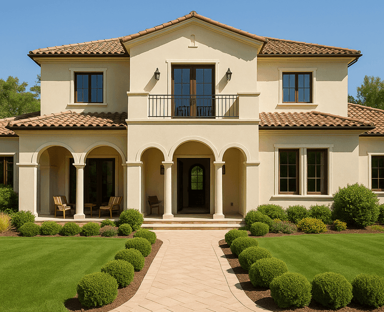 Elegant front of a luxury house with balcony and manicured garden at Web Support - Essentials Test Site