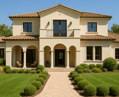 Elegant front of a luxury house with balcony and manicured garden at Web Support - Essentials Test Site