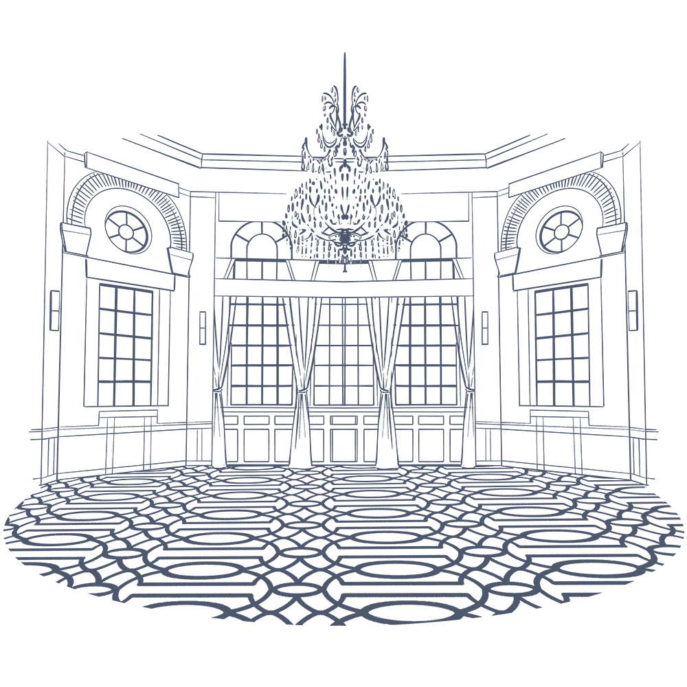 Line art of a grand ballroom with a central chandelier at Warwick Allerton Chicago