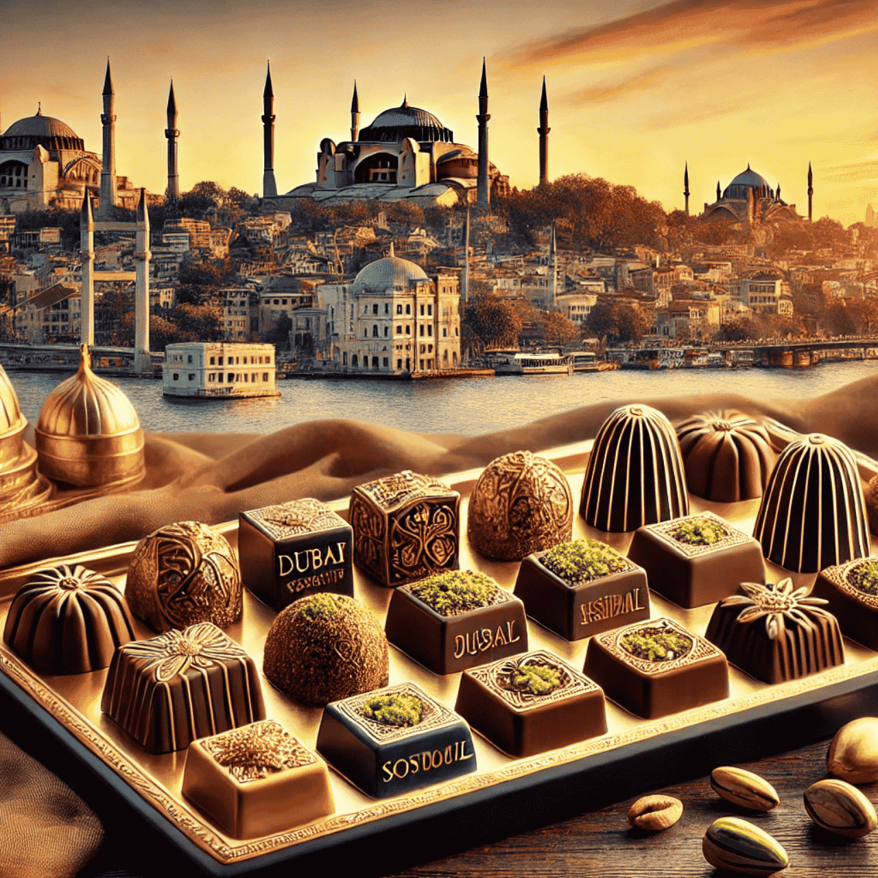 Dubai chocolates with pistachio and saffron, set against Istanbul’s skyline with Hagia Sophia and Bosphorus Bridge at sunset.