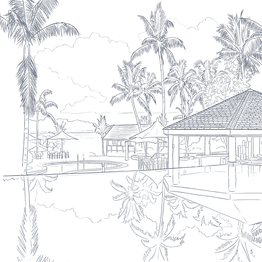 Black and white drawing of resort with palm trees and bungalows at Warwick Le Lagon - Vanuatu Port Vila
