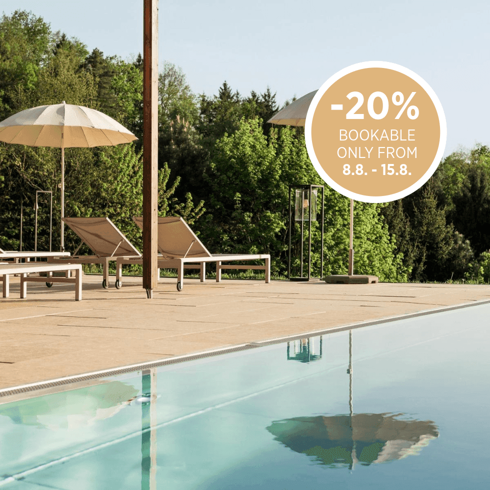 Outdoor pool with lounge chairs, umbrellas, and a 20% discount offer from August 8 to August 15.