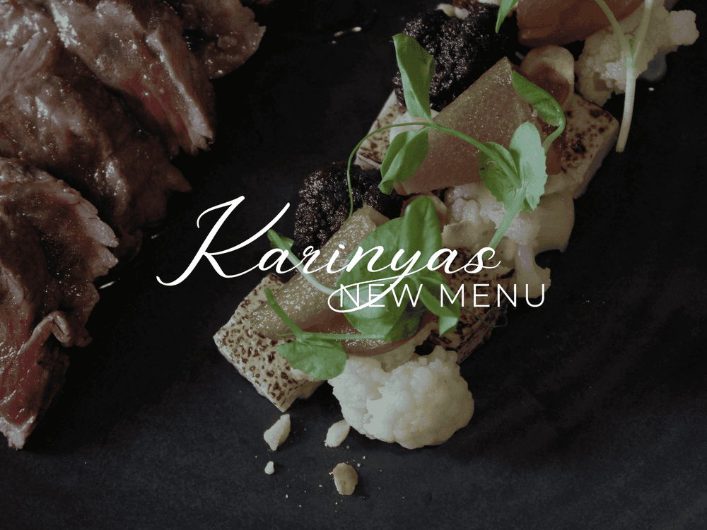 Karinya's new menu features a beautifully plated dish of meat and vegetables on a black plate.