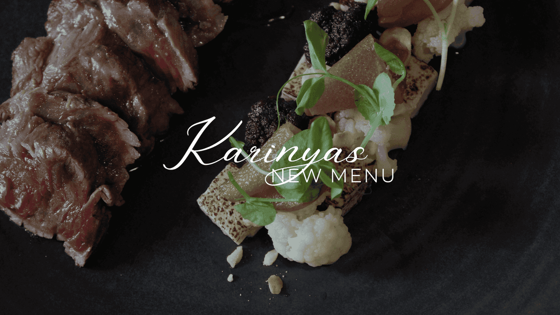 Karinya's new menu features a beautifully plated dish of meat and vegetables on a black plate.