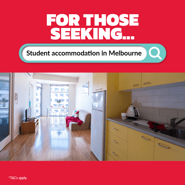 Student Living - 570 Swanston Melbourne accommodation featuring living area and kitchen with yellow cabinets.