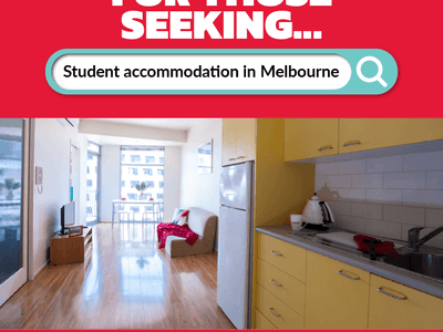 Student Living - 570 Swanston Melbourne accommodation featuring living area and kitchen with yellow cabinets.