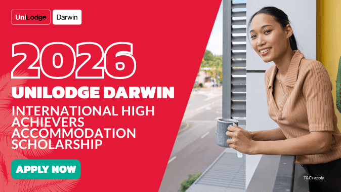 A woman holding a cup on a balcony with a red poster for 2026 UniLodge Darwin scholarship.