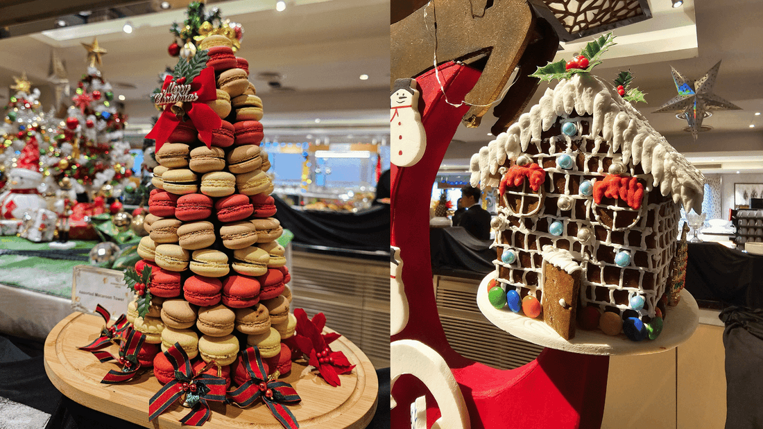 Christmas-themed macaron tree and a gingerbread house at Sunway Putra Hotel