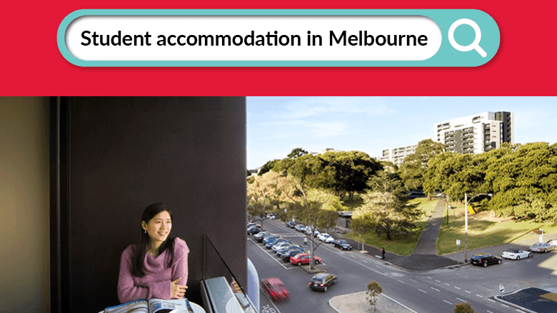 Woman relaxing at table on balcony overlooking busy street and park in Melbourne at Student Living D1.