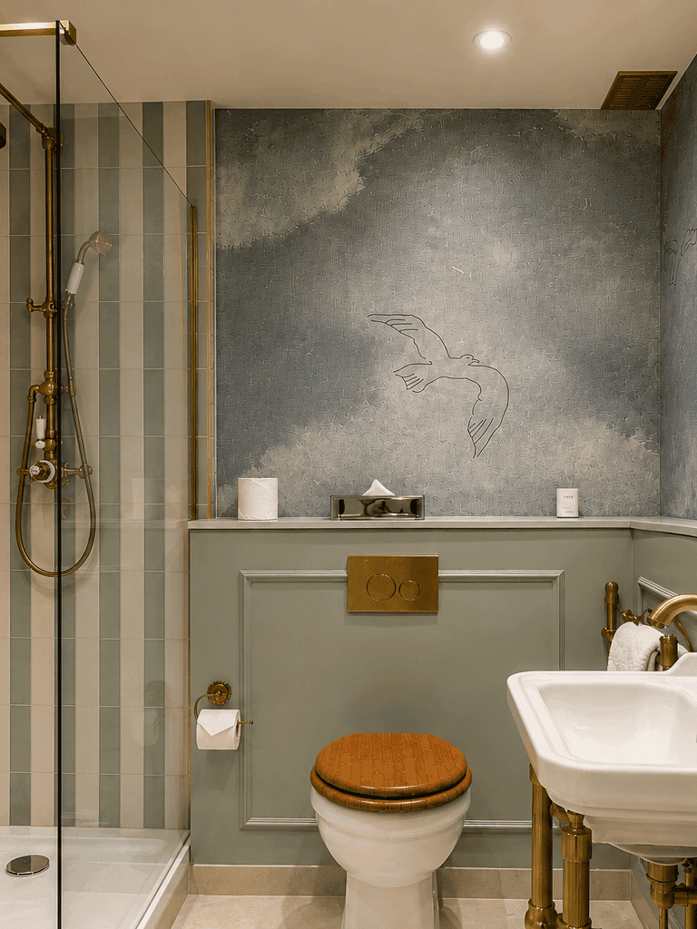 Elegant bathroom with striped shower, brass fixtures, and decorative mirror in One Bedroom Apartment at The Capital Hotel, Apartments & Townhouse - London
