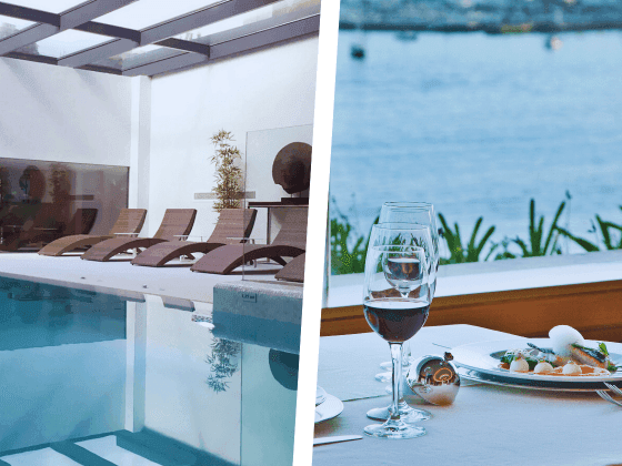 Piscina cubierta, salón acuático en el Hotel Cascais Miragem y mesa de almuerzo
