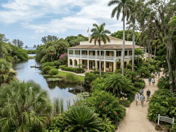 Bonnet House Museum & Gardens surrounded by lush tropical palm trees and a tranquil pond near The Atlantic Hotel & Spa