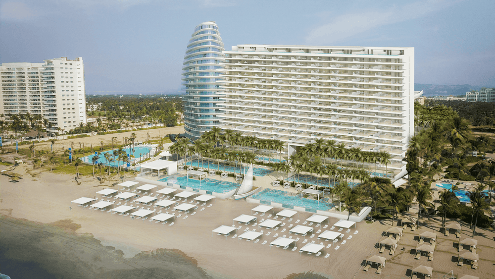 Aerial view of Live Aqua Resorts and Residence Club with pools and loungers
