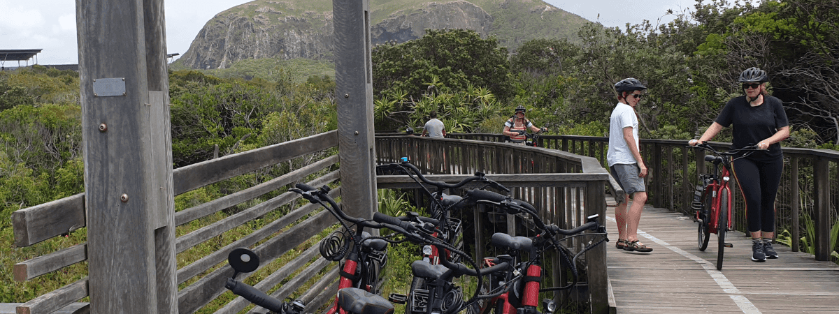 Scenic wooden boardwalk surrounded by lush greenery, with parked bicycles, and people near the Novotel Sunshine Coast Resort