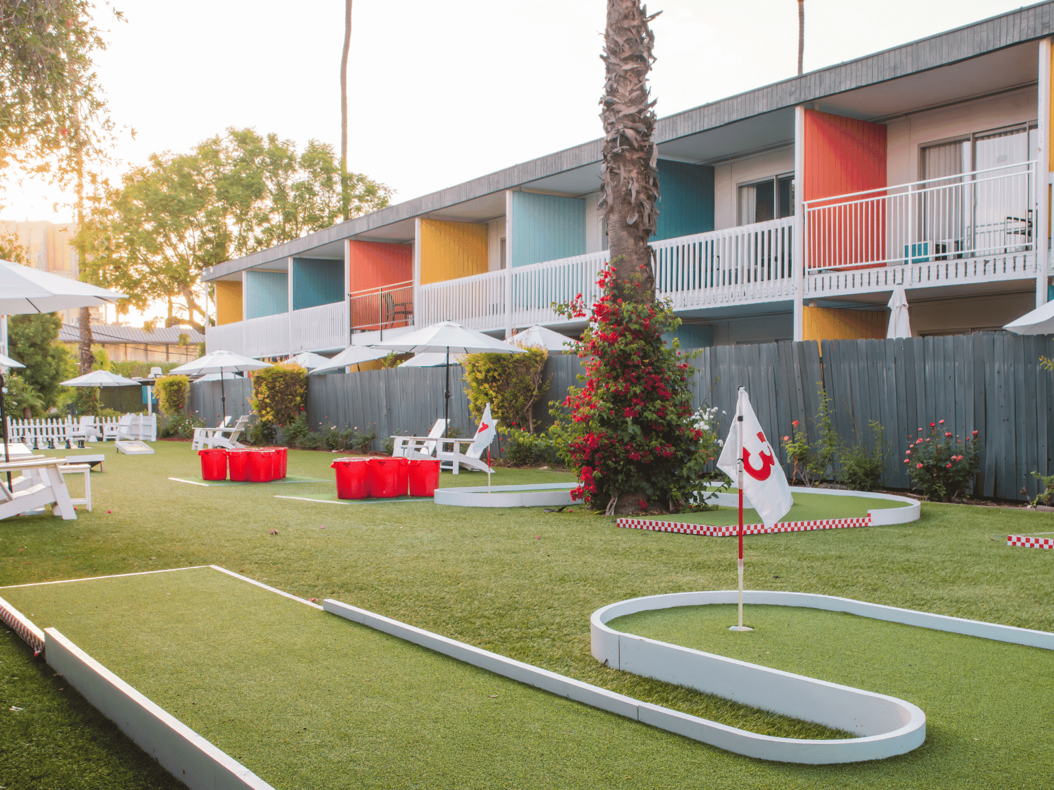 Mini golf, giant connect four, and giant chess at The Anaheim Hotel's recreation area. 