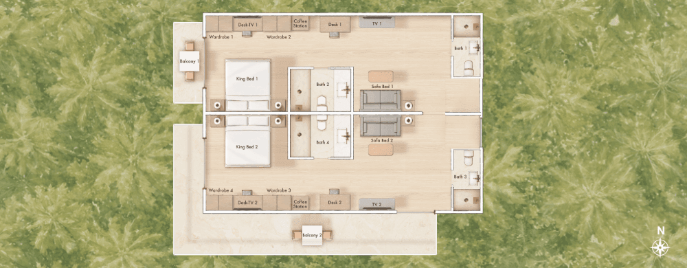 Floorplan of 2 Bedroom King King Sunset View Corner Suites 