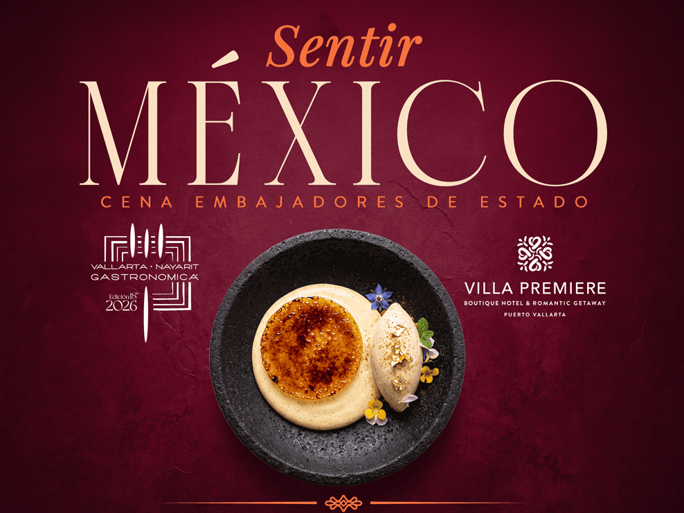 Elegant plated dessert with caramelized disc and ice cream on dark plate for Sentir México culinary event at Villa Premiere