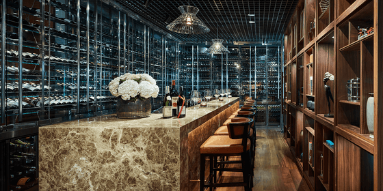 Wine bar with a marble counter, seating, and a backdrop of neatly arranged wine bottles in Square One at Park Hyatt Saigon