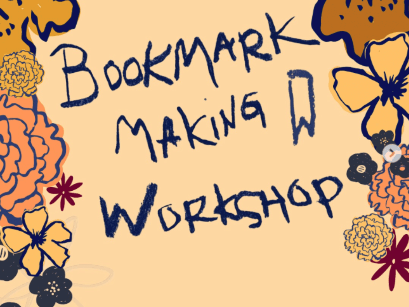 Illustrated flyer for a Bookmark Making Workshop, with floral borders at Urban Hive Milano