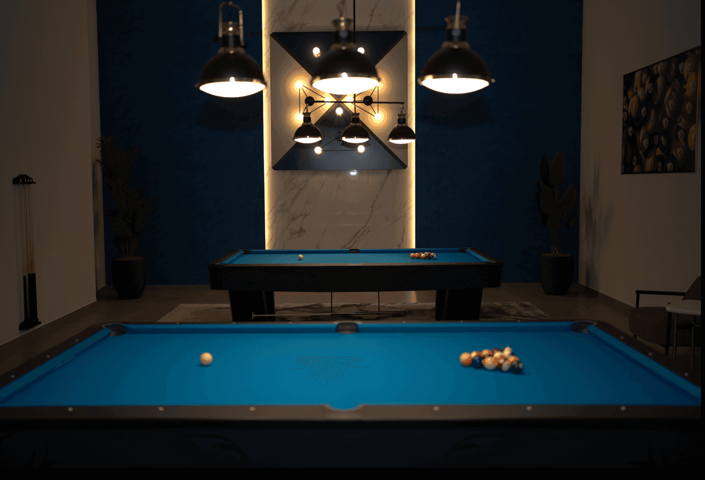 Billiard tables set under warm lights offering a nice recreation in Level Up - Indoor Gaming Hub at DAMAC Maison Aykon City