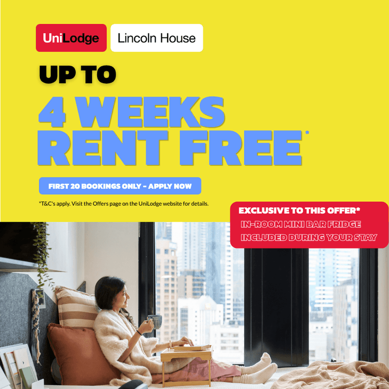 Promotional offer for up to 4 weeks rent free with in-room mini bar fridge included at UniLodge Lincoln House