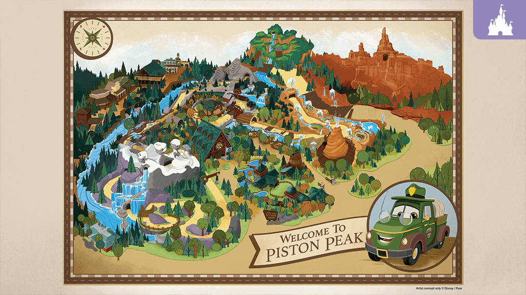 An illustrated map of Piston Peak with a waterfall, small village buildings, and a green park ranger car in the corner.
