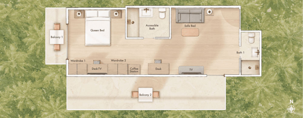 Floorplan of ADA Accessible Queen Sunset View Corner Suites