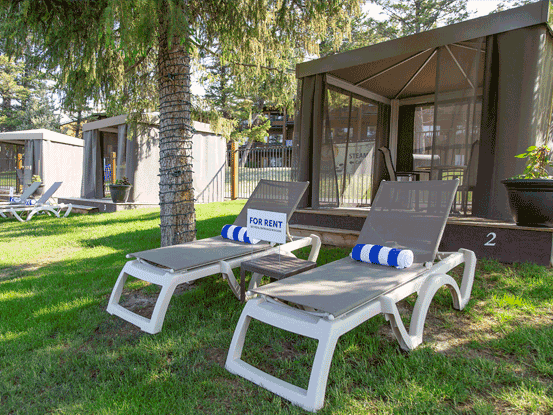 Sun beds arranged by the cabanas at Fairmont Hot Springs Resort