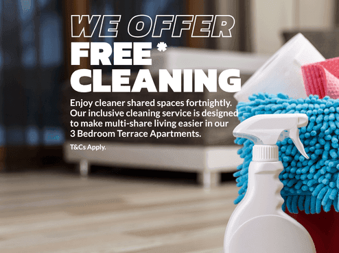 Cleaning supplies with promotional text about free cleaning service for 3 Bedroom Apartments at UniLodge Park Avenue