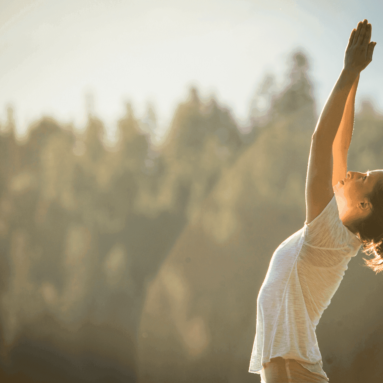 Woman with arms raised performing yoga in front of a forest backdrop with a warm sunset glow.