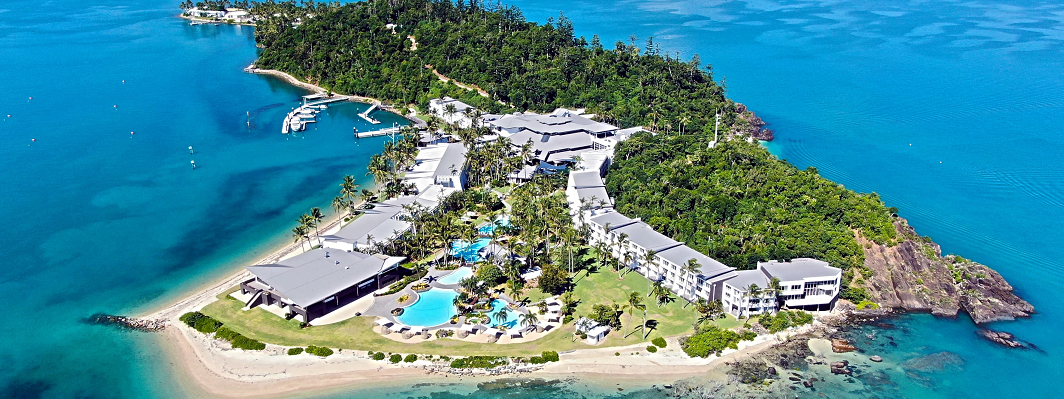 Aerial view of the ocean and Daydream Island Resort