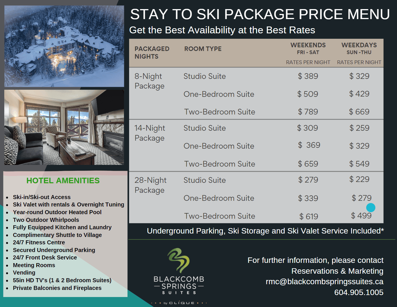 Stay to Ski Accommodation Package price menu at Blackcomb Springs Suites