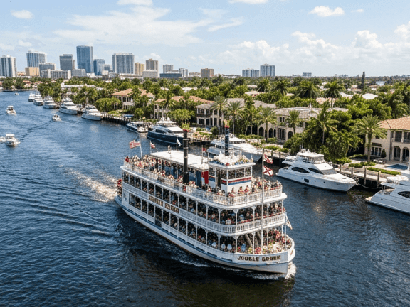 Jungle Queen Riverboat multi-deck river cruise ship with a lot of people near The Atlantic Hotel & Spa