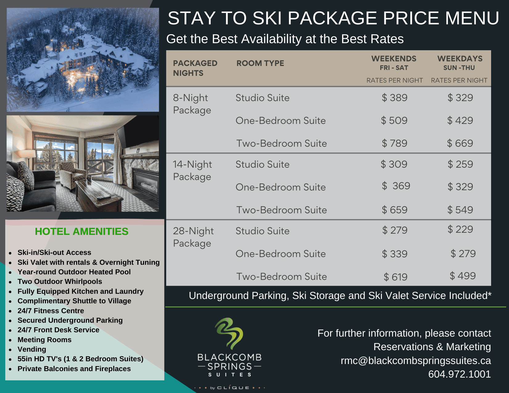 Stay to Ski Accommodation Package price menu at Blackcomb Springs Suites