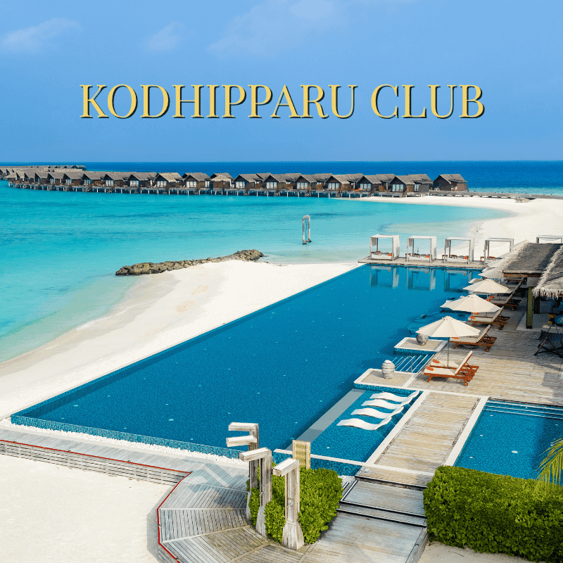 Large swimming pool and bar with beach and ocean view at Kodhipparu Club.