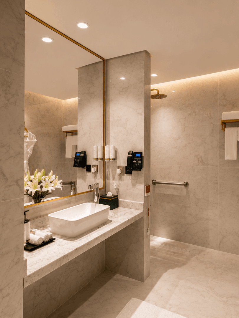 Marble bathroom with vessel sink in Accessible Room at Naviti by Warwick Jeddah, highlighting modern hotel rooms in Jeddah