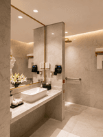 Marble bathroom with vessel sink in Accessible Room at Naviti by Warwick Jeddah, highlighting modern hotel rooms in Jeddah