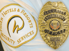 Close-up of security badges at Rosen Inn Universal