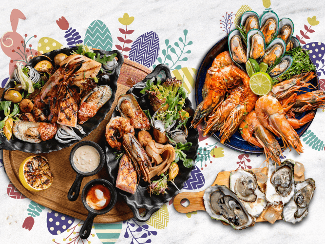 Seafood dishes and sauce in bowls on a dining table and enjoy with Easter festival 