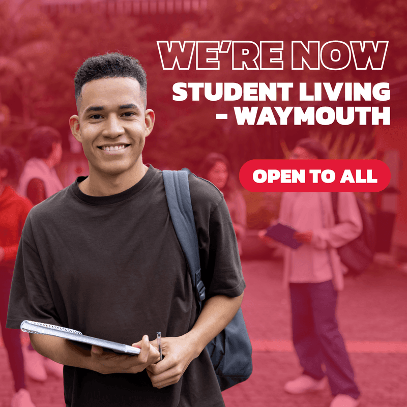 Smiling student with backpack and notebook promoting Student Living - Waymouth accommodation open to all residents