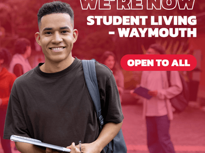 Smiling student with backpack and notebook promoting Student Living - Waymouth accommodation open to all residents