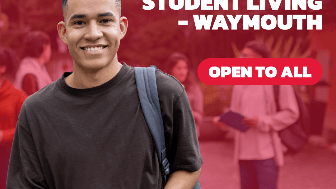Smiling student with backpack and notebook promoting Student Living - Waymouth accommodation open to all residents