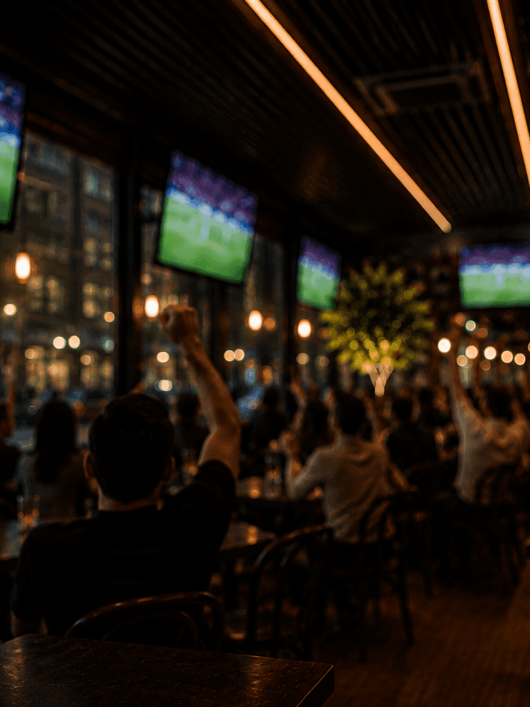 Crowd watching sports on multiple screens in a dimly lit venue with warm lighting during Watch Parties at The Parlor