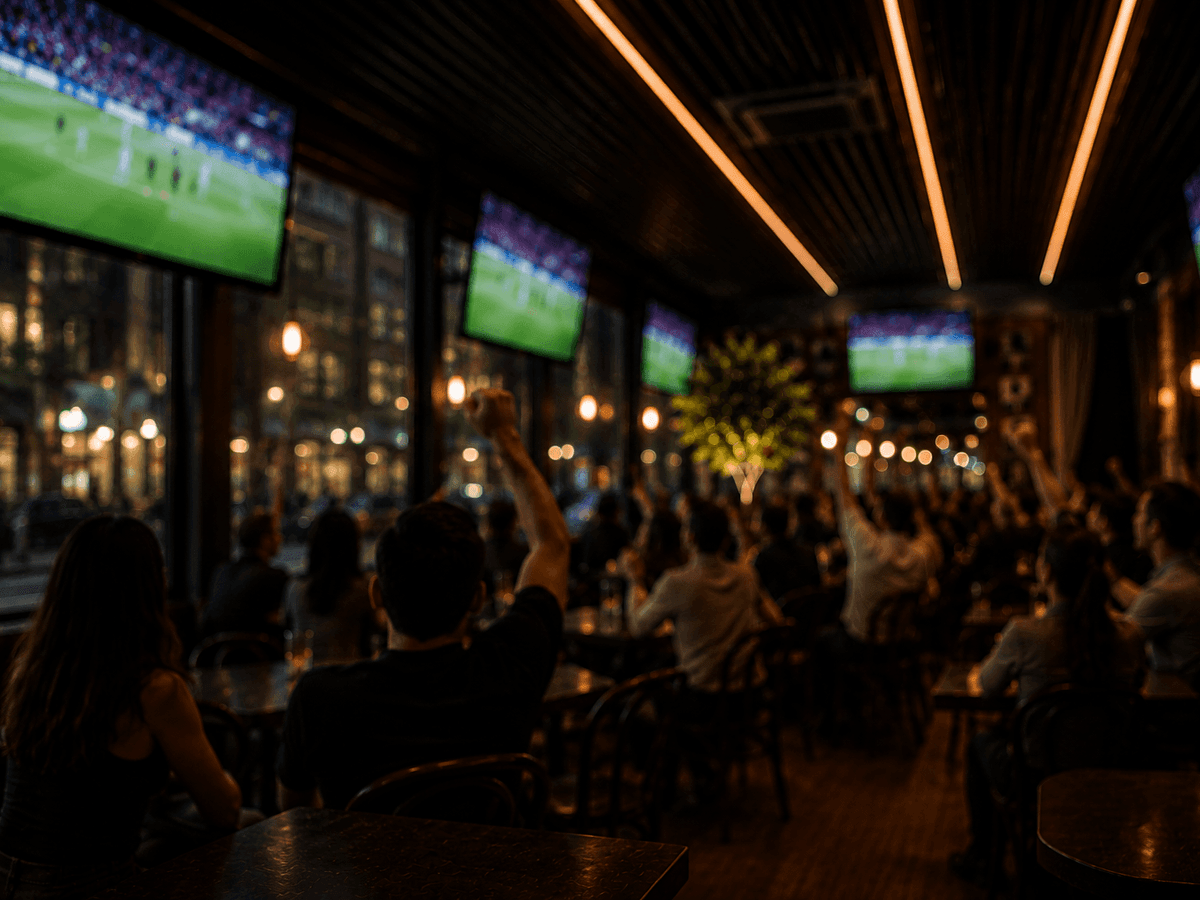 Crowd watching sports on multiple screens in a dimly lit venue with warm lighting during Watch Parties at The Parlor