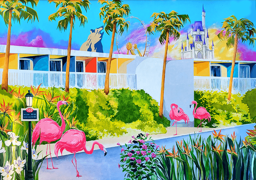 Exterior rooms with flamingos in painted art, The Anaheim Hotel