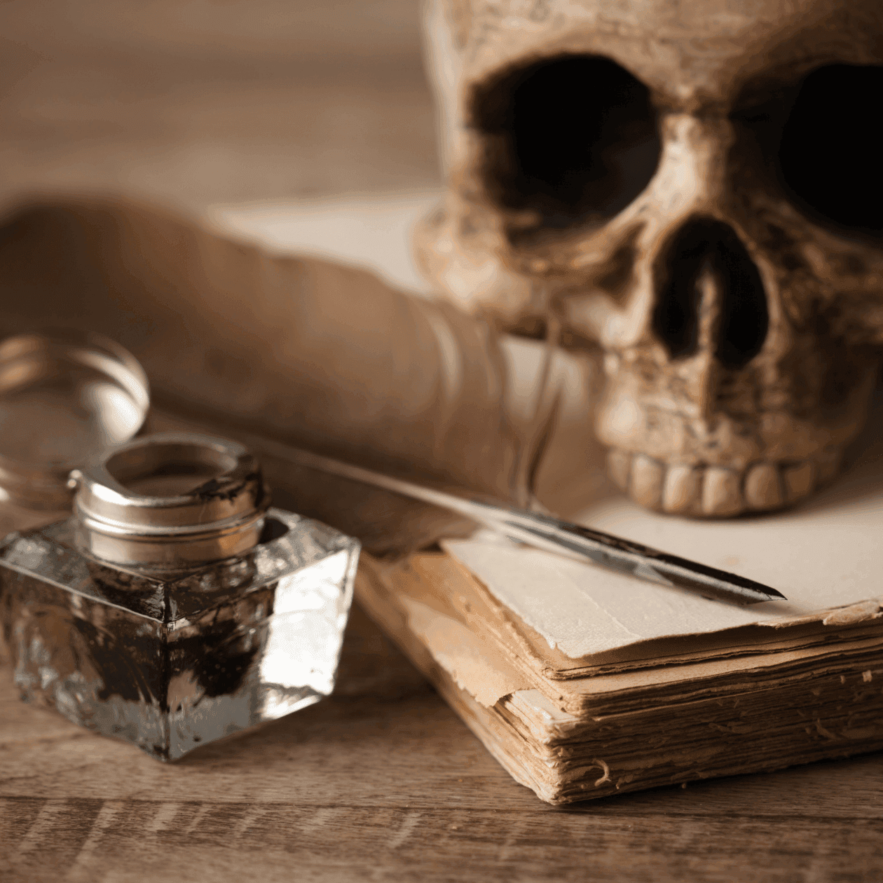 Skull, feather, book, and old ink bottle on table for event A Night to Die For in Blowing Rock.