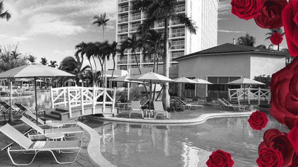 Black and white image of Warwick Paradise Island Bahamas pool area with lounge chairs, umbrellas, palm trees, and a bridge