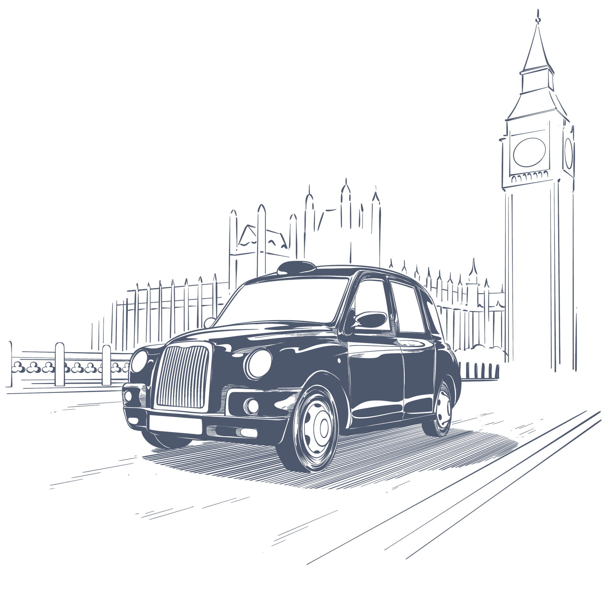 Sketch of a classic London taxi driving by the Big Ben landmark near The Capital Hotel, Apartments and Townhouse