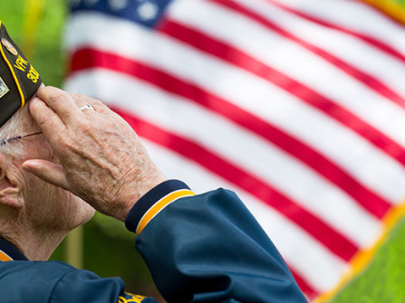 Military veteran saluting to flag.