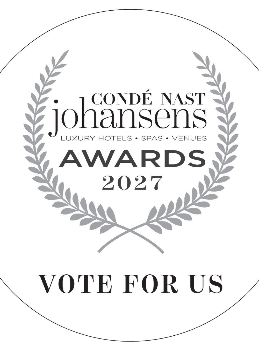 Logo circulaire des Condé Nast Johansens Awards 2027 avec couronne de laurier et mention Vote for us